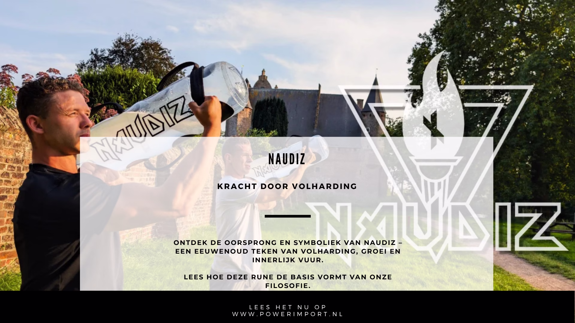 Man traint met Naudiz trainingsmateriaal voor een historisch gebouw, symbool van kracht en doorzettingsvermogen.