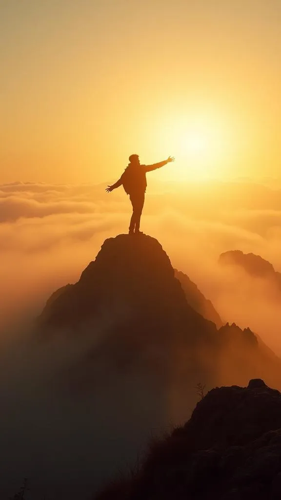 "A serene person standing on a mountaintop at sunrise, arms stretched out, symbolizing freedom, autonomy, and personal growth."