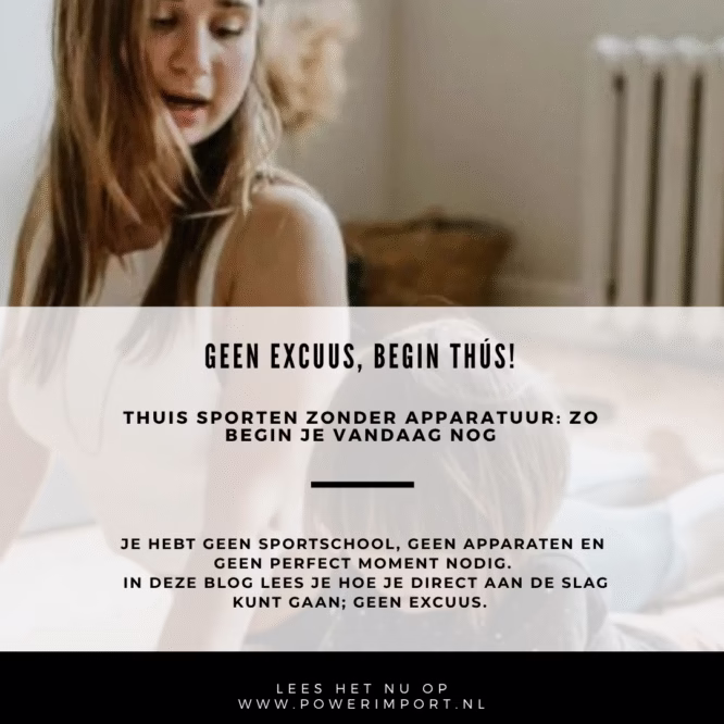 Moeder en kind doen samen oefeningen op de vloer, met overlaytekst over starten met thuis sporten zonder apparatuur