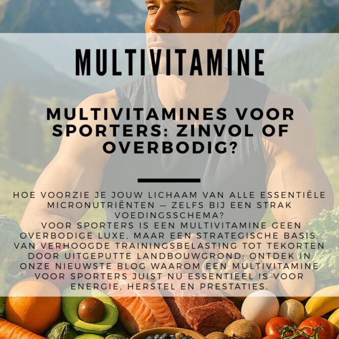 Sporter in de bergen omringd door natuurlijke voedingsbronnen rijk aan vitamines en mineralen, zoals groente, fruit, vis, eieren en noten – visuele representatie van multivitamine voor sporters