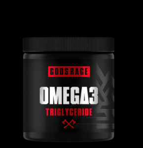 Zwarte pot Gods Rage Omega-3 Triglyceride supplement met rood-witte opdruk en Vikingdesign
