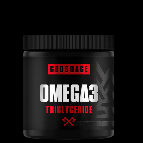 Zwarte pot Gods Rage Omega-3 Triglyceride supplement met rood-witte opdruk en Vikingdesign