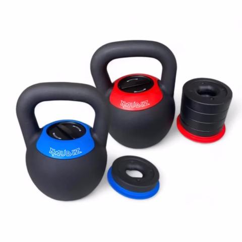 Set verstelbare kettlebells van Naudiz – rood en blauw
