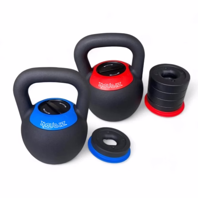 Set verstelbare kettlebells van Naudiz – rood en blauw
