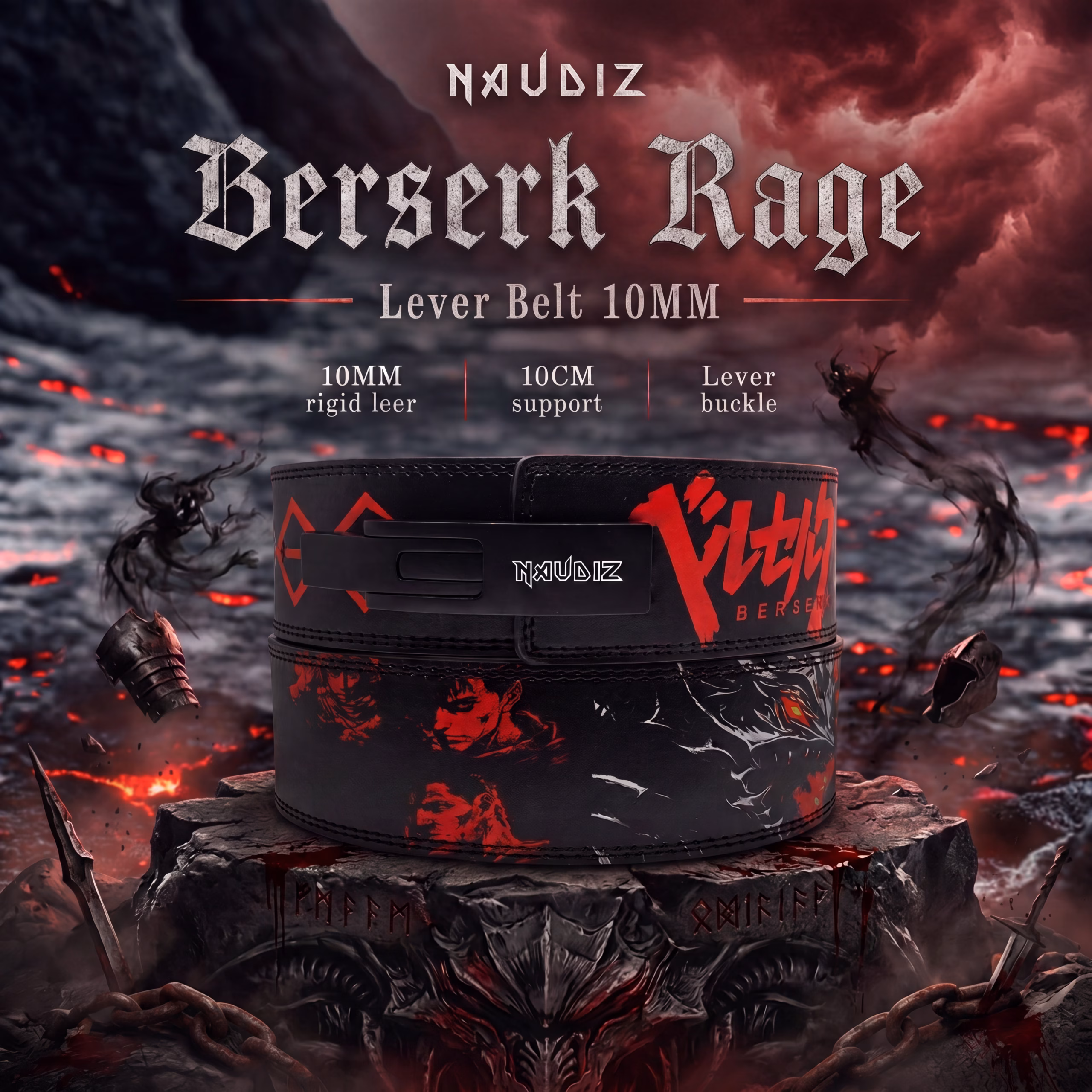 Naudiz Berserk Rage Lever Belt 10MM – Berserk Gewichthefriem Naudiz Berserk Rage Lever Belt 10MM met zwart-rood Berserk-geïnspireerd design, lever buckle en dark fantasy setting.