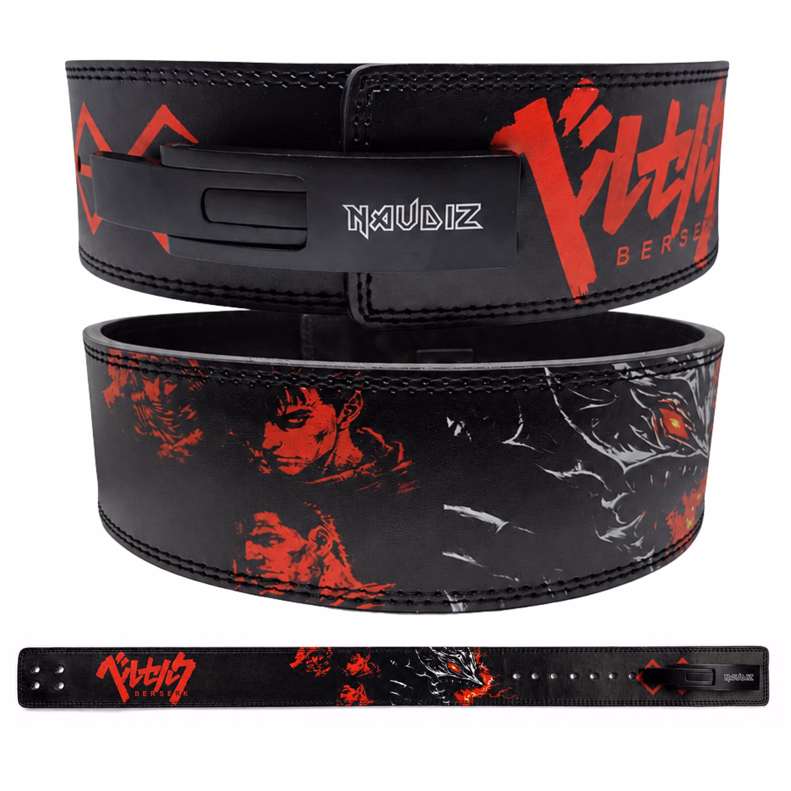 Naudiz Berserk Rage Lever Belt 10MM – Berserk Gewichthefriem Naudiz Berserk Rage anime gewichthefriem productoverzicht met voorzijde achterzijde en volledige riem