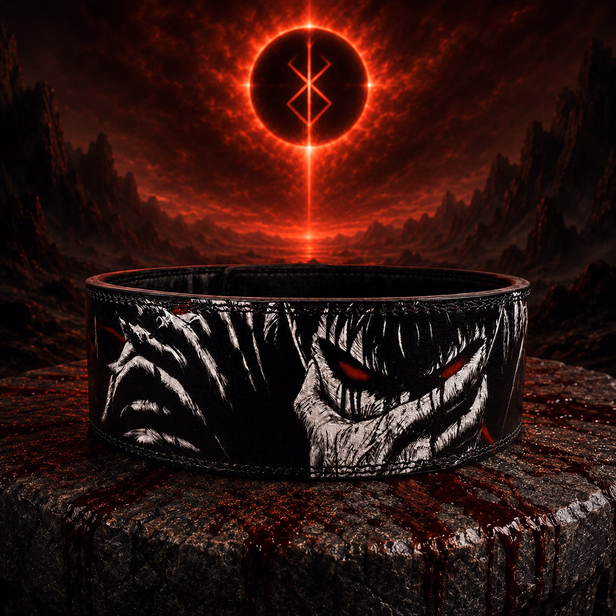 Naudiz - Berserk - Brand of Sacrifice - Lever Belt 10MM – Berserk Gewichthefriem Achterzijde van de Naudiz Brand of Sacrifice lever belt op een bebloed stenen altaar in een duister Berserk geïnspireerd landschap.