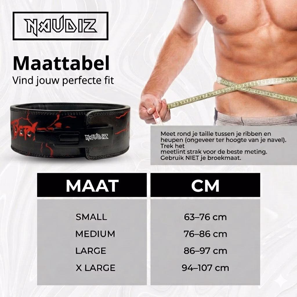 Naudiz - Berserk - Brand of Sacrifice - Lever Belt 10MM – Berserk Gewichthefriem Naudiz Brand of Sacrifice lever belt maattabel in cm voor juiste maat gewichthefriem