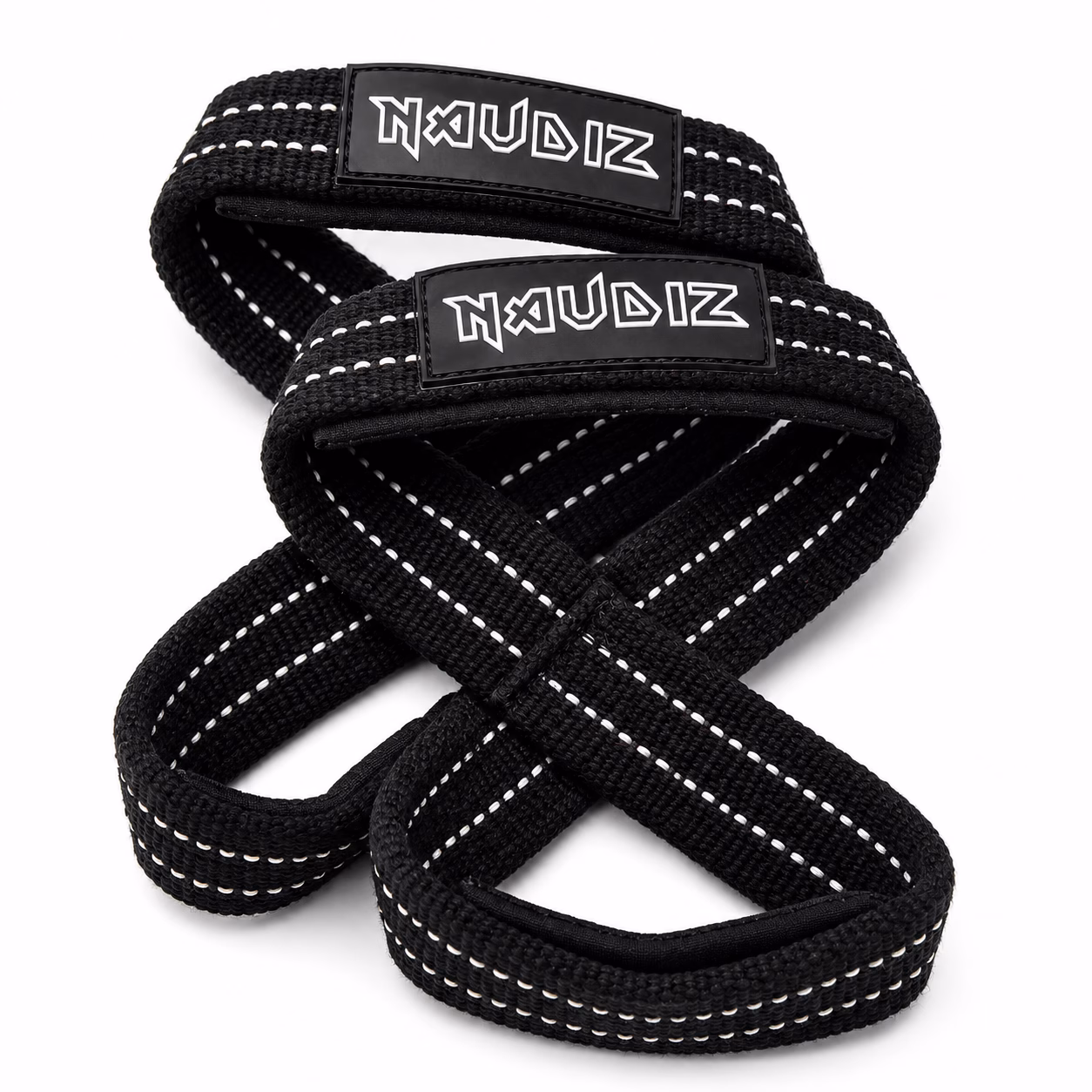 Naudiz Ouroboros - Double Ply Figure 8 Straps – Heavy Duty Lifting Straps – 30 & 32 inch Close-up van een paar zwarte Naudiz Ouroboros Figure 8 Straps met zichtbaar logo, witte stiksels en geweven double ply materiaal.