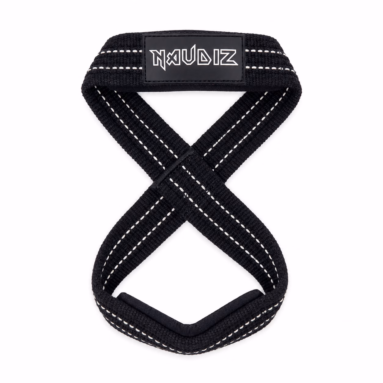Naudiz Ouroboros - Double Ply Figure 8 Straps – Heavy Duty Lifting Straps – 30 & 32 inch Naudiz Ouroboros Double Ply Figure 8 Straps in zwart, vrijstaand gefotografeerd in een duidelijke figure-8-vorm.