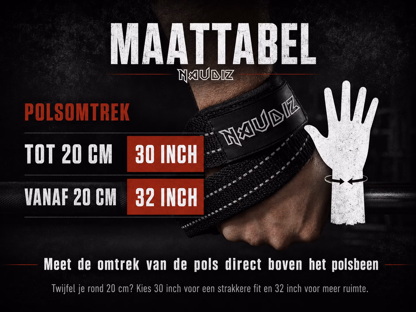 Naudiz Ouroboros - Double Ply Figure 8 Straps – Heavy Duty Lifting Straps – 30 & 32 inch Maattabel voor Naudiz Ouroboros Figure 8 Straps met 30 inch voor polsomtrek tot 20 cm en 32 inch vanaf 20 cm.