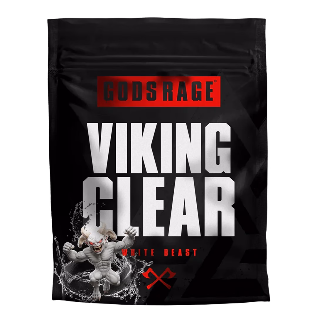 Zwarte verpakking van Gods Rage Viking Clear White Beast met een gespierd wit fantasiewezen en opspattend water.