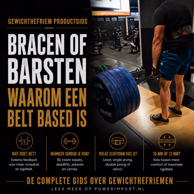 Gewichthefriem tijdens zware deadlift met uitleg over bracen, sluitvormen en 10 mm versus 13 mm lifting belts