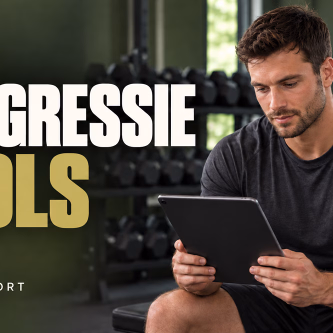 Progressietools: zo gebruik je je 1RM, caloriebehoefte en lichaamsmetingen Sporter bekijkt een tablet in de sportschool, naast de tekst ‘Progressie Tools’ van Power Import.