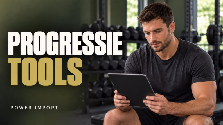 Sporter bekijkt een tablet in de sportschool, naast de tekst ‘Progressie Tools’ van Power Import.
